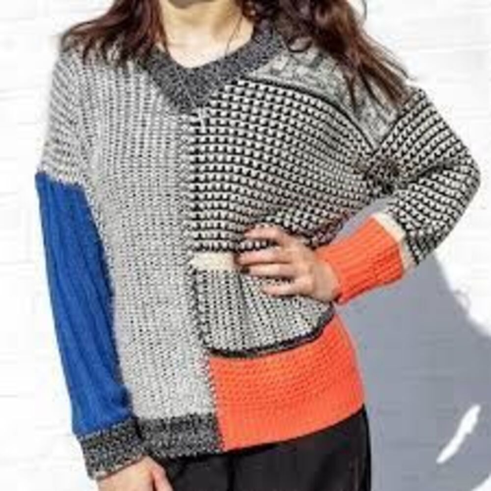 Christine Phillipe L Mixed Media Colorblock Sweater V-Neck Pullover Gray Blue